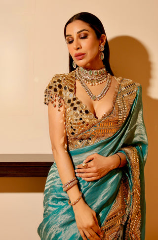 Turquoise tissue neelima sari and blouse