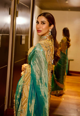 Turquoise tissue neelima sari and blouse