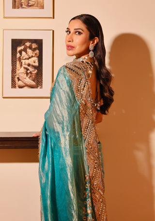 Turquoise tissue neelima sari and blouse