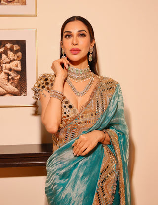 Turquoise tissue neelima sari and blouse