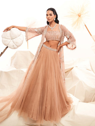 Nude Blush Pink Lehenga And Cape Set by Payal And Zinal available on Indiaspopup.com