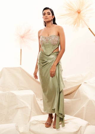 Sage Corset, Draped Skirt And Pink Cape by Payal And Zinal available on Indiaspopup.com