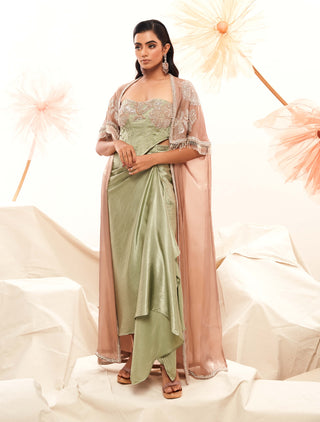 Sage corset, draped skirt and pink cape