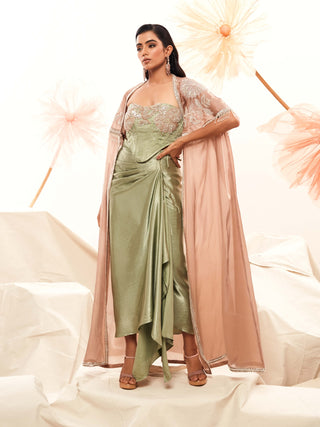 Sage Corset, Draped Skirt And Pink Cape by Payal And Zinal available on Indiaspopup.com