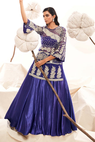 Royal blue lehenga with kurta and bustier