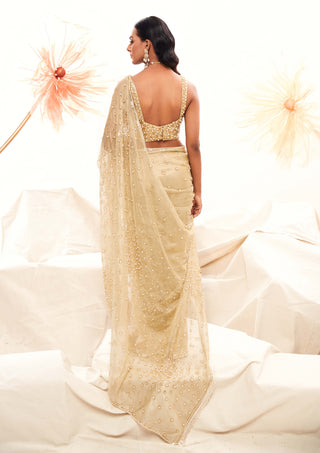 Golden Glamorous Sari And Blouse by Payal And Zinal available on Indiaspopup.com