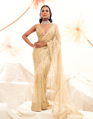 Golden Glamorous Sari And Blouse by Payal And Zinal available on Indiaspopup.com