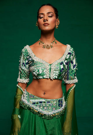 Green Organza Lehenga Set by Payal And Zinal available on Indiaspopup.com