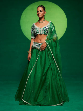 Green Organza Lehenga Set by Payal And Zinal available on Indiaspopup.com