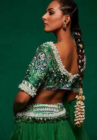 Green Organza Lehenga Set by Payal And Zinal available on Indiaspopup.com