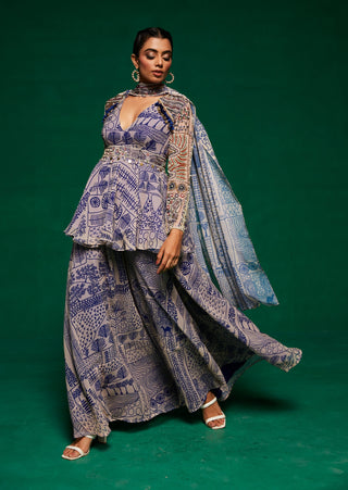 Offwhite and blue kurta and palazzo set