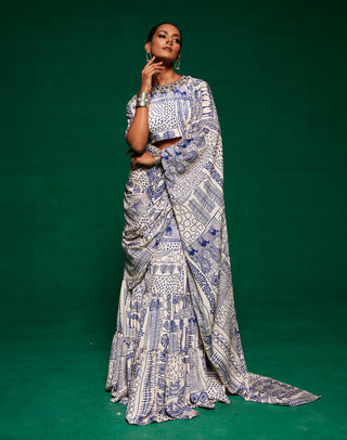 Offwhite And Blue Pre-Draped Ruffle Sari Set by Payal And Zinal available on Indiaspopup.com