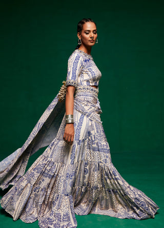 Offwhite And Blue Pre-Draped Ruffle Sari Set by Payal And Zinal available on Indiaspopup.com