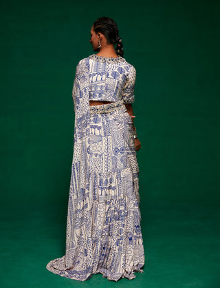 Offwhite And Blue Pre-Draped Ruffle Sari Set by Payal And Zinal available on Indiaspopup.com