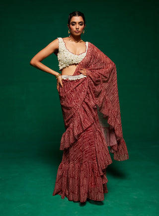 Tan Draped Fuffle Sari Set by Payal And Zinal available on Indiaspopup.com