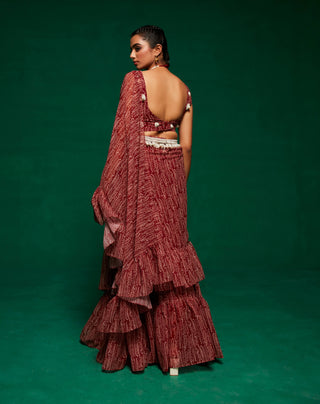 Tan Draped Fuffle Sari Set by Payal And Zinal available on Indiaspopup.com