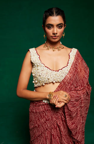 Tan Draped Fuffle Sari Set by Payal And Zinal available on Indiaspopup.com