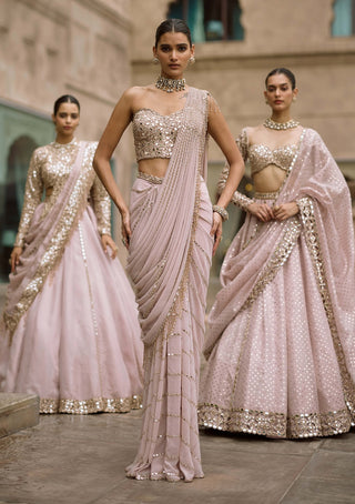 Ash pink linear mirror sari set