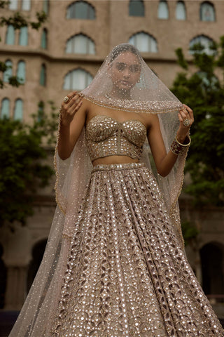 Ash pink circular cutwork lehenga corset set