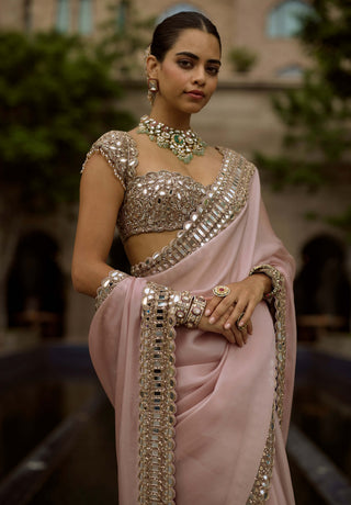 Ash pink satin organza sari set