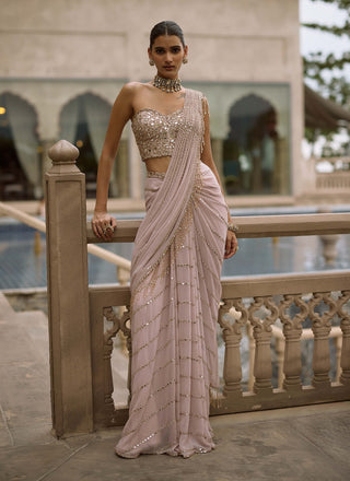 Ash pink linear mirror sari set