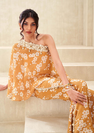 Gold printed off-shoulder top and palazzo set