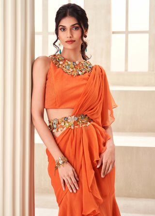 Orange pre-draped sari set