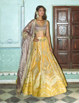 Mustard yellow zari tissue lehenga set