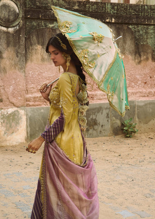 Lemon yellow pure zari tissue jacket and sharara set
