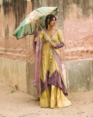 Lemon yellow pure zari tissue jacket and sharara set