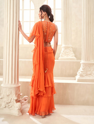 Orange pre-draped sari set
