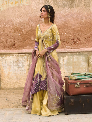 Lemon yellow pure zari tissue jacket and sharara set