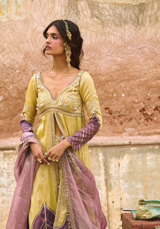 Lemon yellow pure zari tissue jacket and sharara set