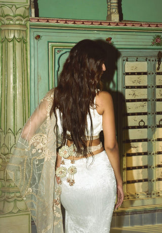 Pearl white crushed silk sari and blouse