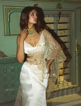 Pearl white crushed silk sari and blouse