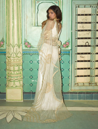 Pearl white crushed silk sari and blouse