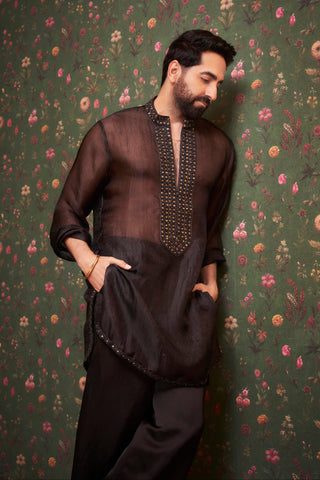 Black coin work kurta set with stole