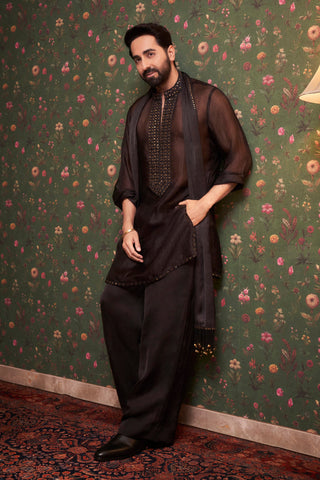 Black coin work kurta set with stole