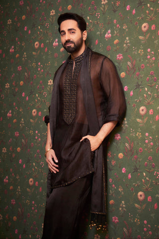 Black coin work kurta set with stole
