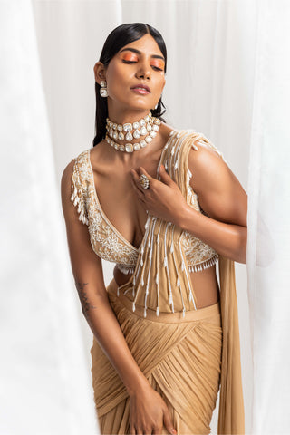 Seema Thukral-Dune Gold Pre-Draped Embellished Sari And Blouse-INDIASPOPUP.COM