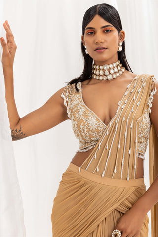 Seema Thukral-Dune Gold Pre-Draped Embellished Sari And Blouse-INDIASPOPUP.COM