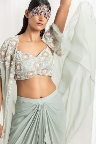 Seema Thukral-Sage Green Draped Skirt And Cape Set-INDIASPOPUP.COM