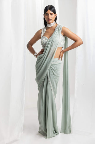 Seema Thukral-Sage Green Pre-Draped Embellished Sari And Blouse-INDIASPOPUP.COM