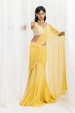 Seema Thukral-Yellow Pre-Draped Embellished Sari And Blouse-INDIASPOPUP.COM