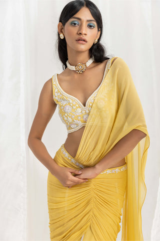 Seema Thukral-Yellow Pre-Draped Embellished Sari And Blouse-INDIASPOPUP.COM