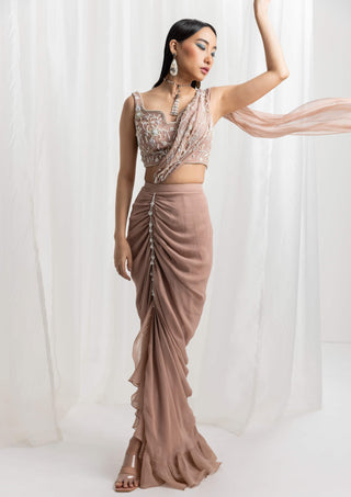 Seema Thukral-Dusty Pink Pre-Draped Embellished Sari And Blouse-INDIASPOPUP.COM