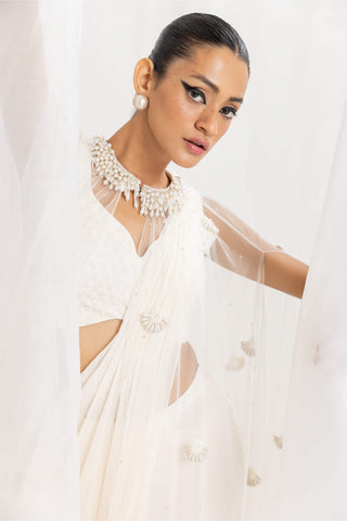 Seema Thukral-Ivory Pre-Draped Embellished Sari And Cape Set-INDIASPOPUP.COM