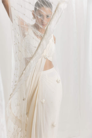 Seema Thukral-Ivory Pre-Draped Embellished Sari And Cape Set-INDIASPOPUP.COM