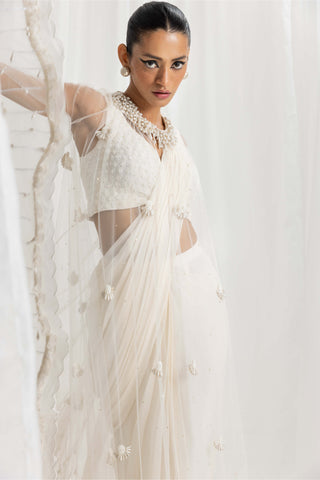 Seema Thukral-Ivory Pre-Draped Embellished Sari And Cape Set-INDIASPOPUP.COM