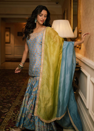 Misty blue and green sharara set
